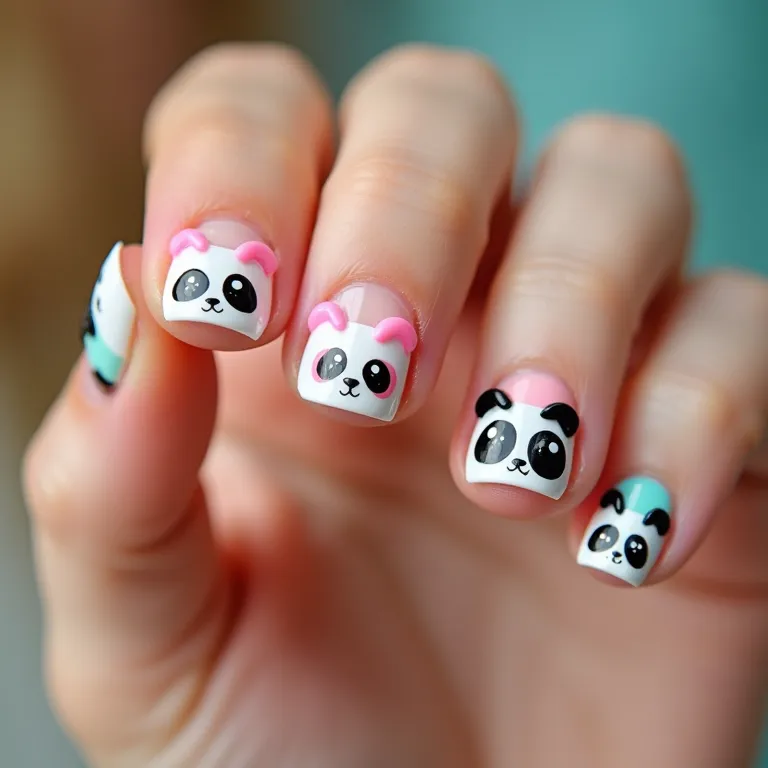 Unhas coloridas com carinhas de panda, design divertido e vibrante.