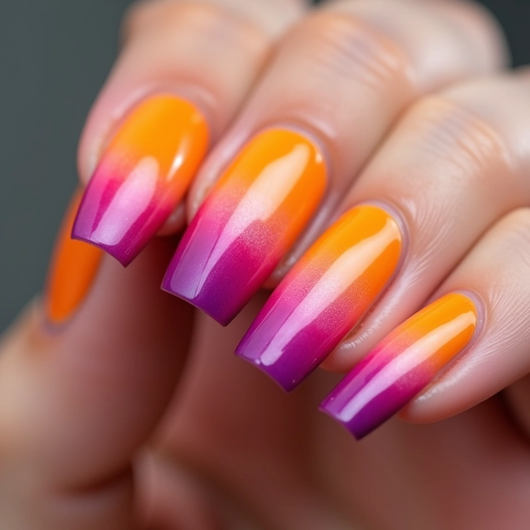 Unhas coloridas com efeito ombré, cores vibrantes.