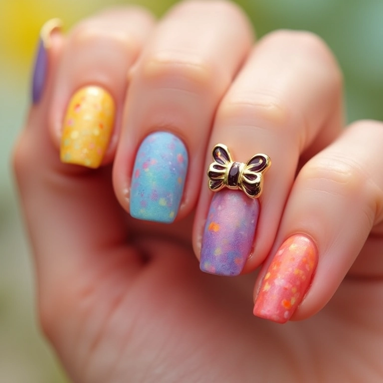 Unhas coloridas com laços vibrantes.