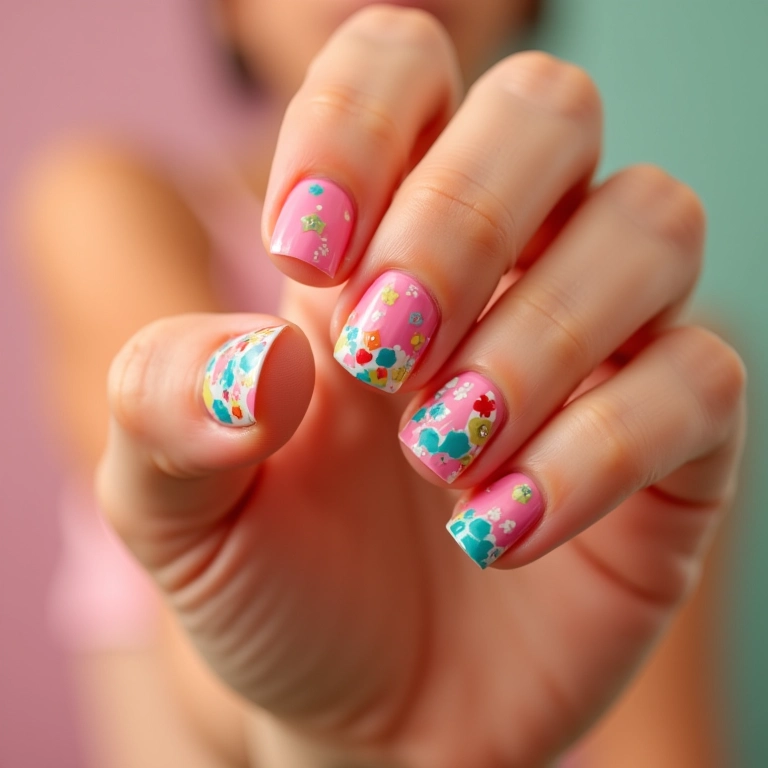 Unhas coloridas com tachinhas.