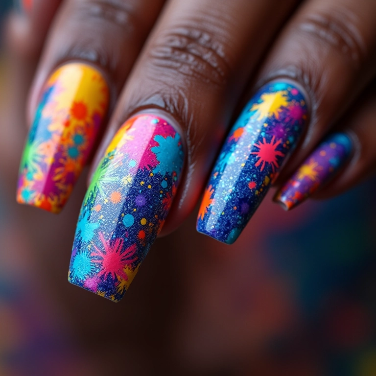 Unhas coloridas e psicodélicas com explosão de alegria.