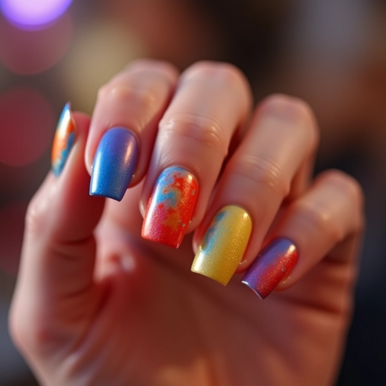 Unhas coloridas e vibrantes em um fundo de festa.