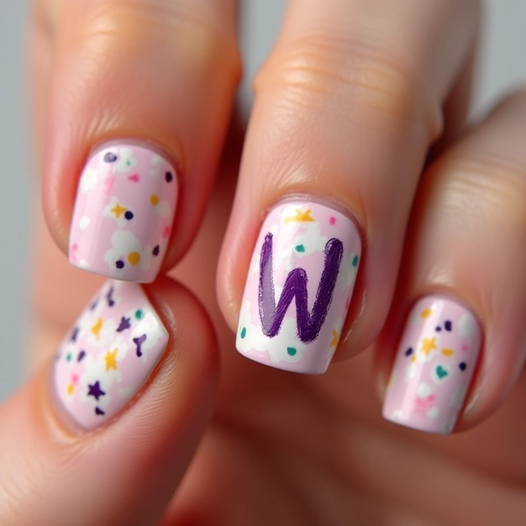 Unhas com a inicial W e desenhos temáticos de flores e estrelas.