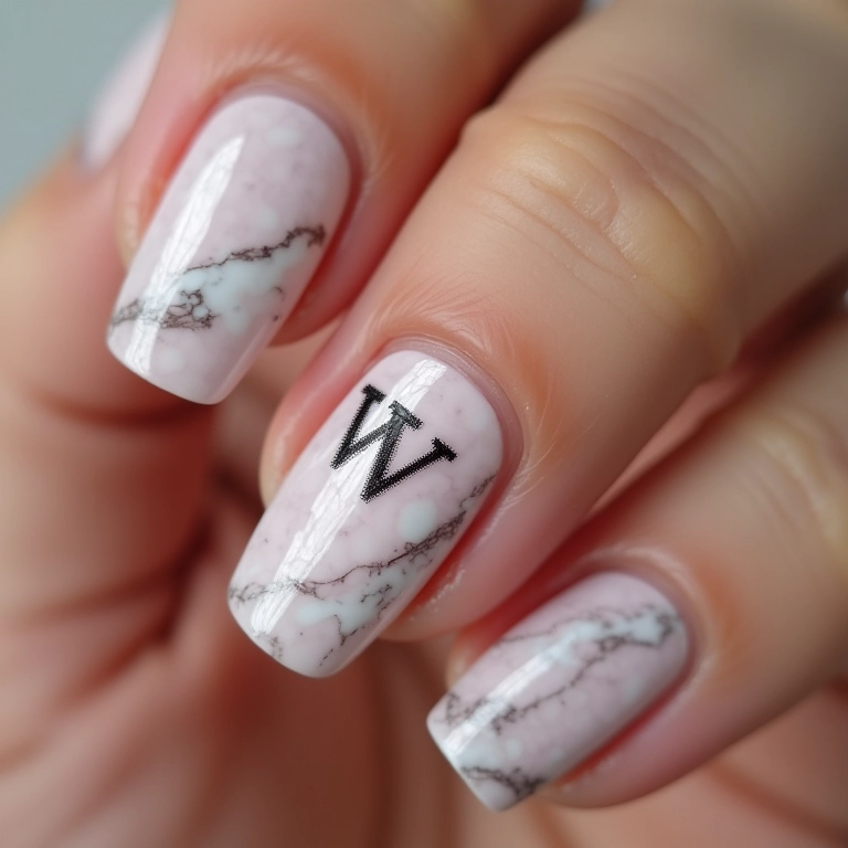 Unhas com a inicial W e efeito marmorizado, design elegante e sofisticado.