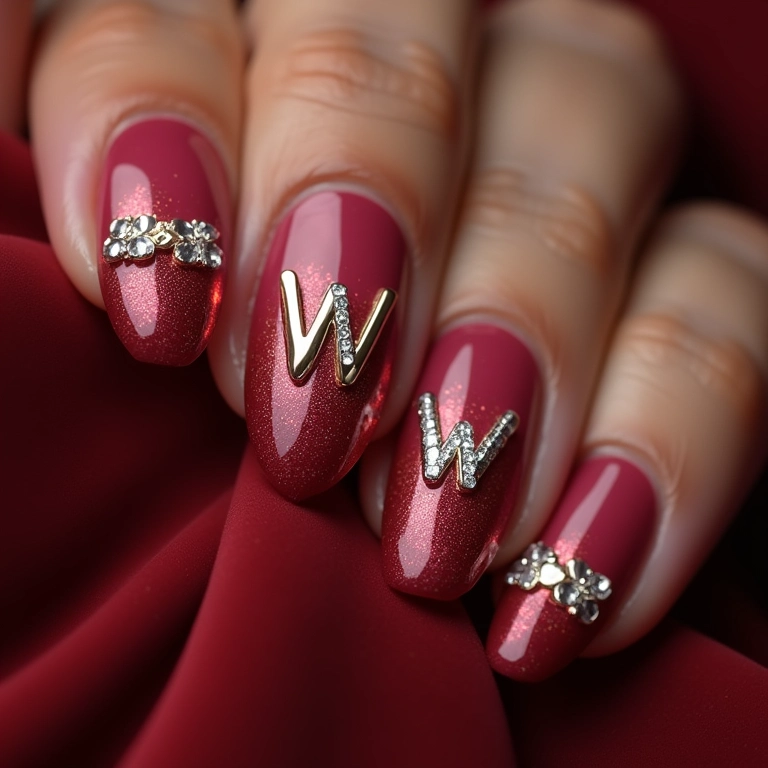 Unhas com a inicial W e pedrarias, design luxuoso e glamouroso.