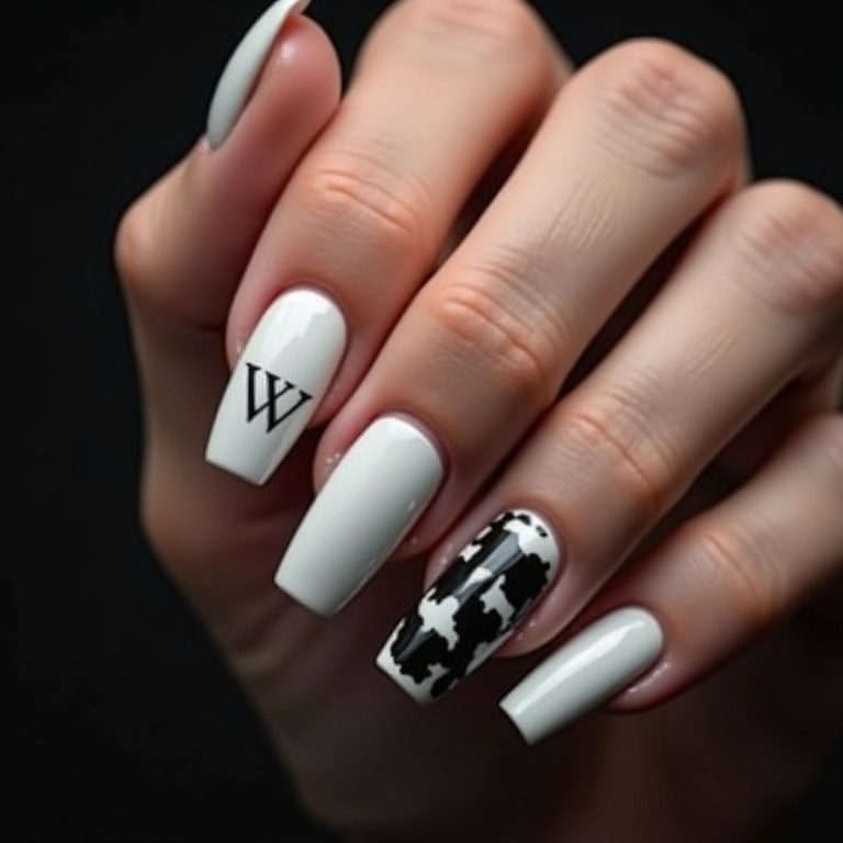 Unhas com a letra W em preto e branco.