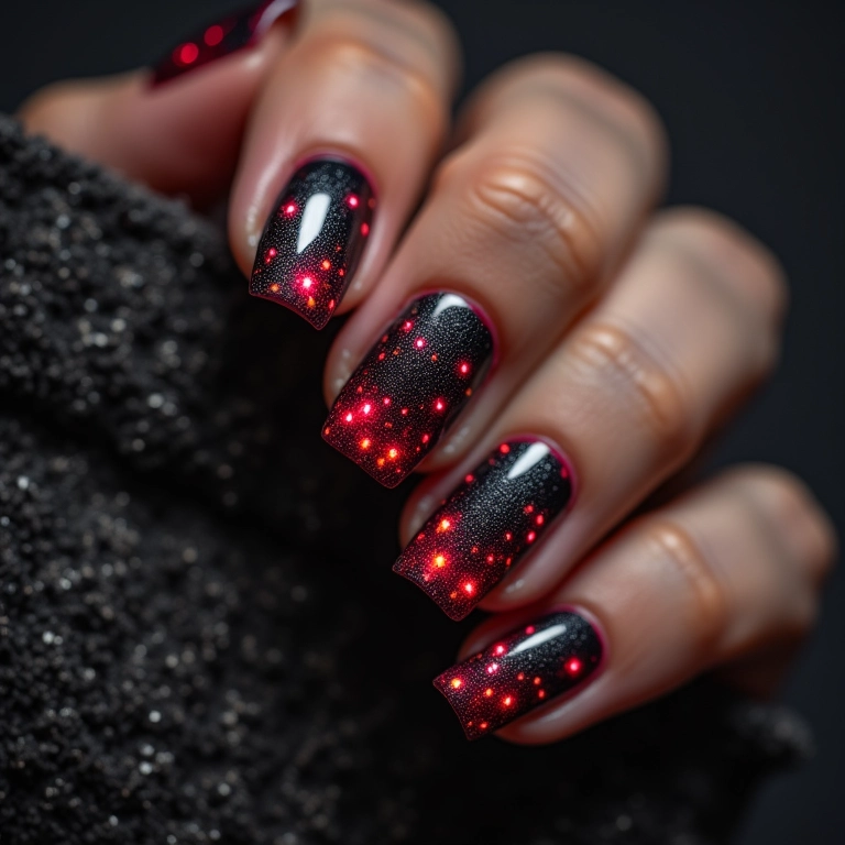 Unhas com a temática de Stranger Things: Demogorgon e luzes de Natal.