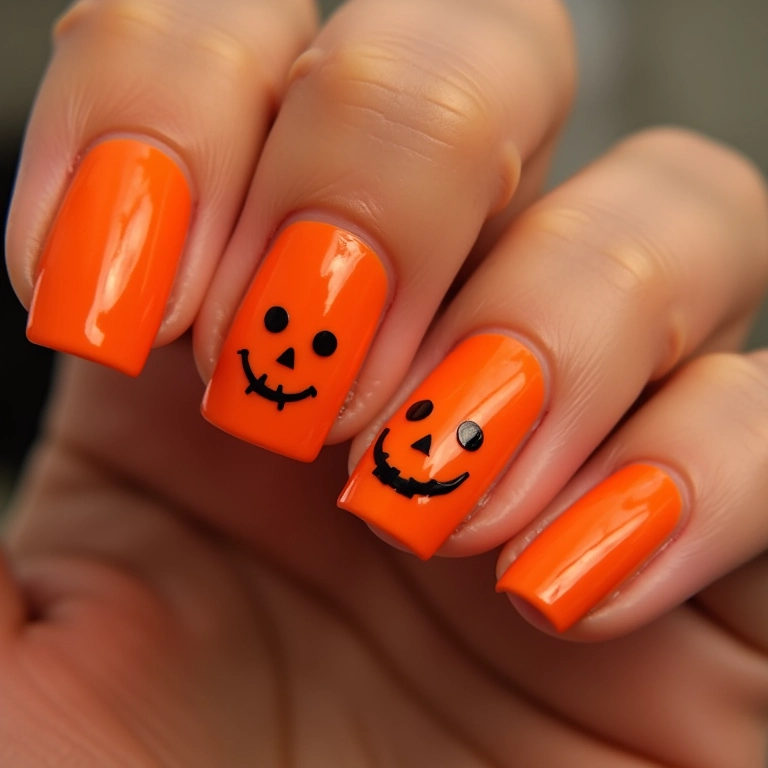 Unhas com abóboras sorridentes para uma decoração divertida de Halloween.