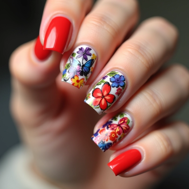 Unhas com adesivos 3D de flores e borboletas.