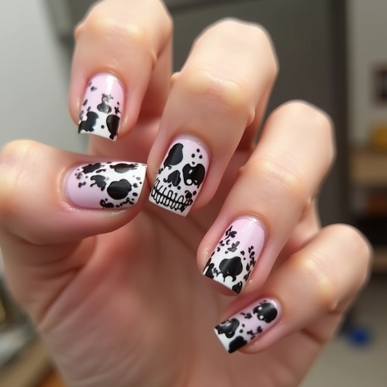 Unhas com adesivos de caveira, fácil e rápido.