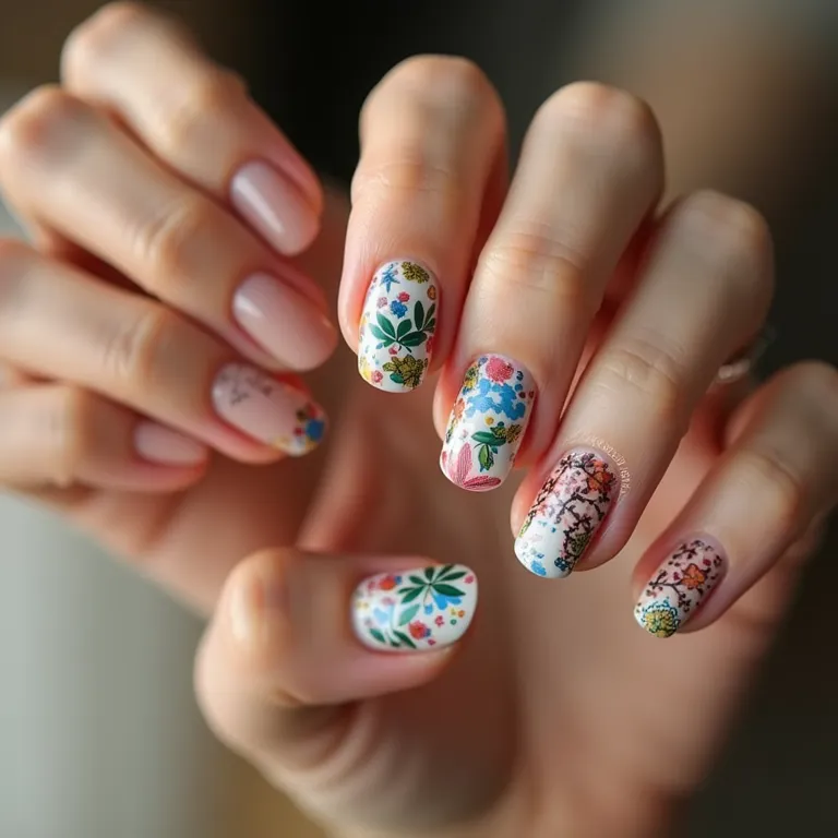 Unhas com adesivos de designs variados, mostrando praticidade e versatilidade.