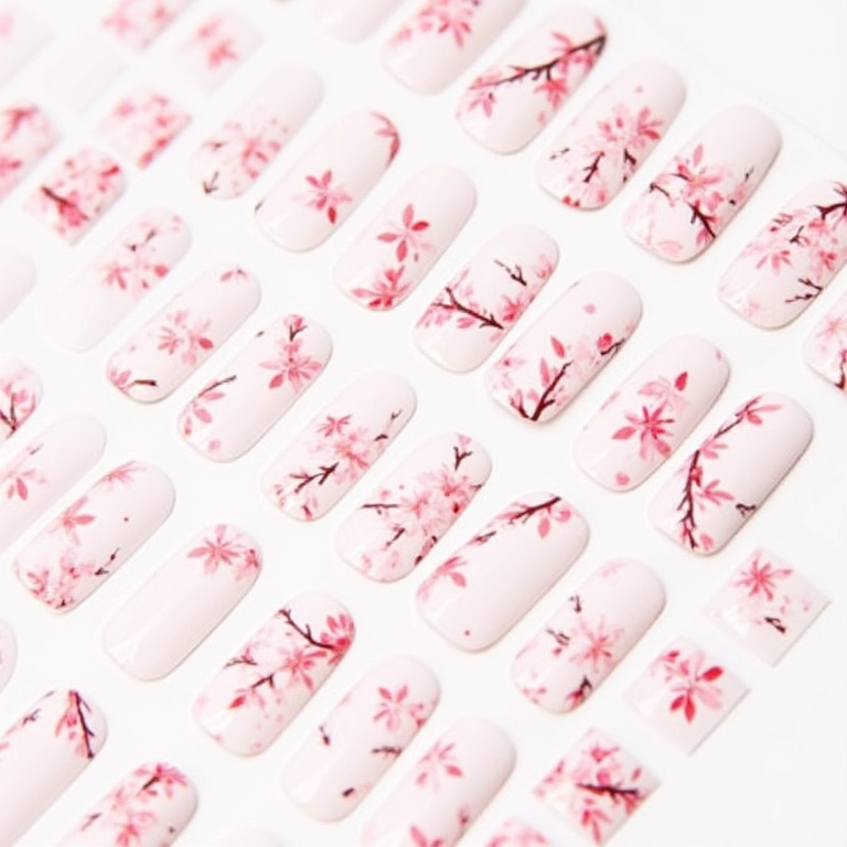 Unhas com adesivos de flor de cerejeira.