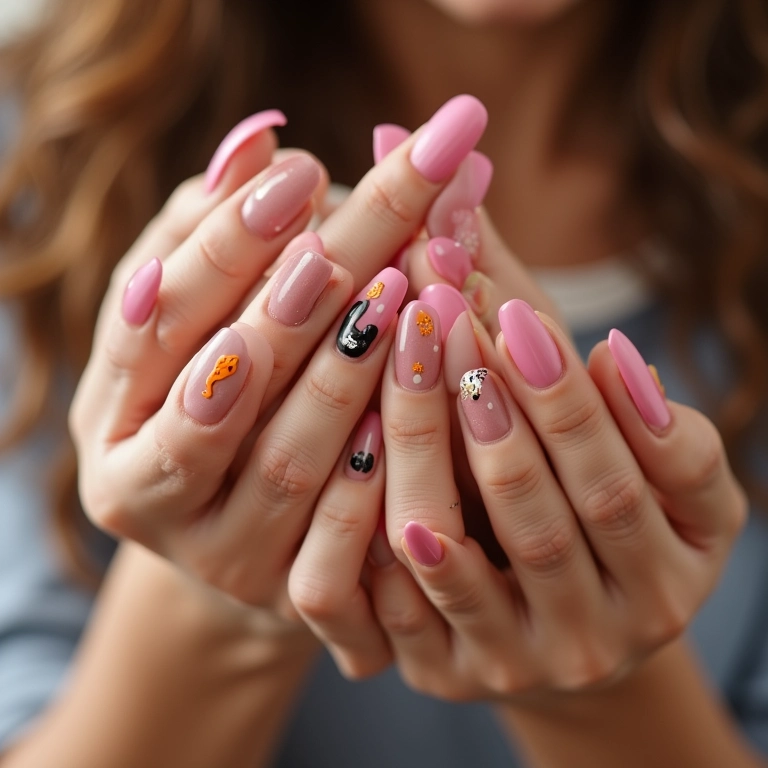 Unhas com adesivos decoradas no molde F1.