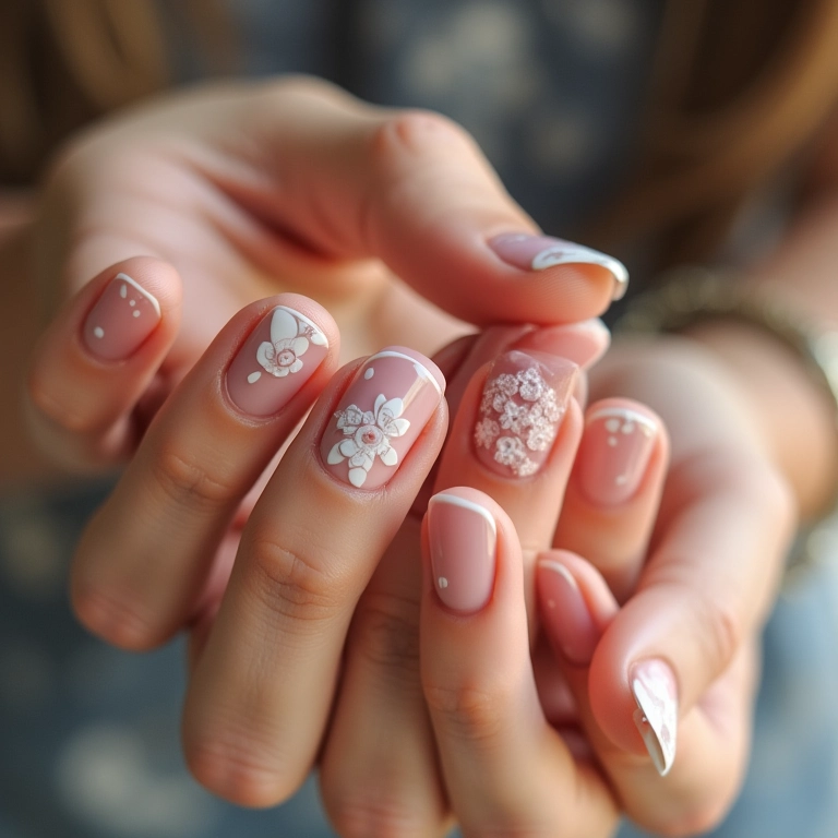 Unhas com adesivos delicados.