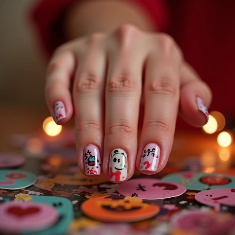 Unhas com adesivos e películas divertidas para festa.