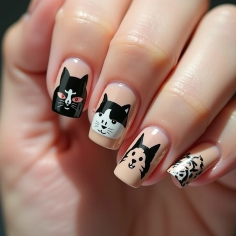 Unhas com adesivos e películas temáticas em preto e bege.