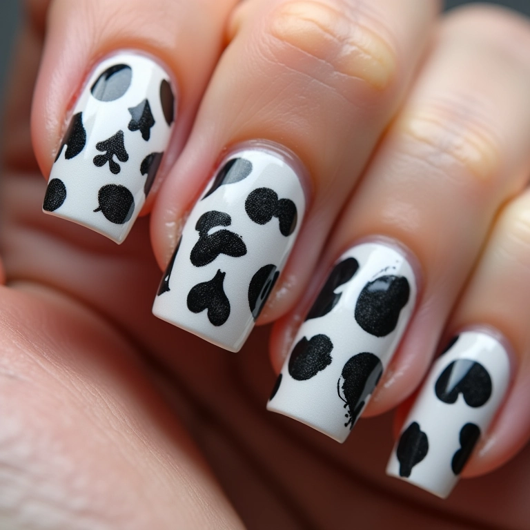 Unhas com adesivos em preto e branco, design criativo e divertido.
