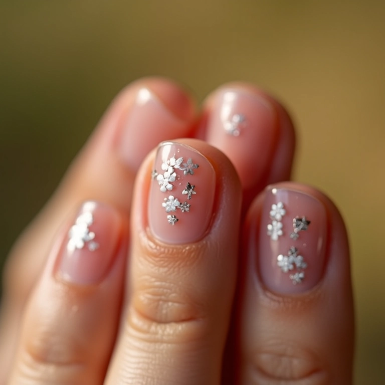 Unhas com adesivos minimalistas sobre base transparente.