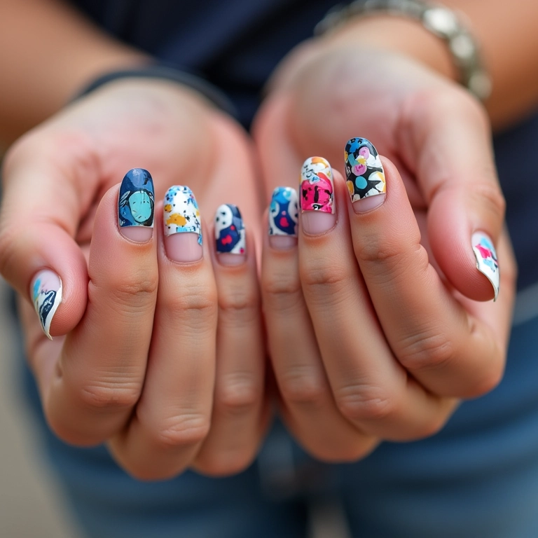 Unhas com adesivos personalizados, designs divertidos e coloridos.