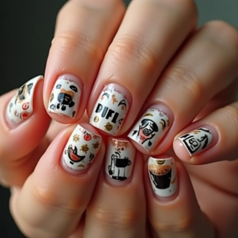 Unhas com adesivos temáticos de café.