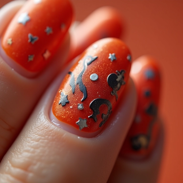 Unhas com adesivos temáticos de Carnaval.