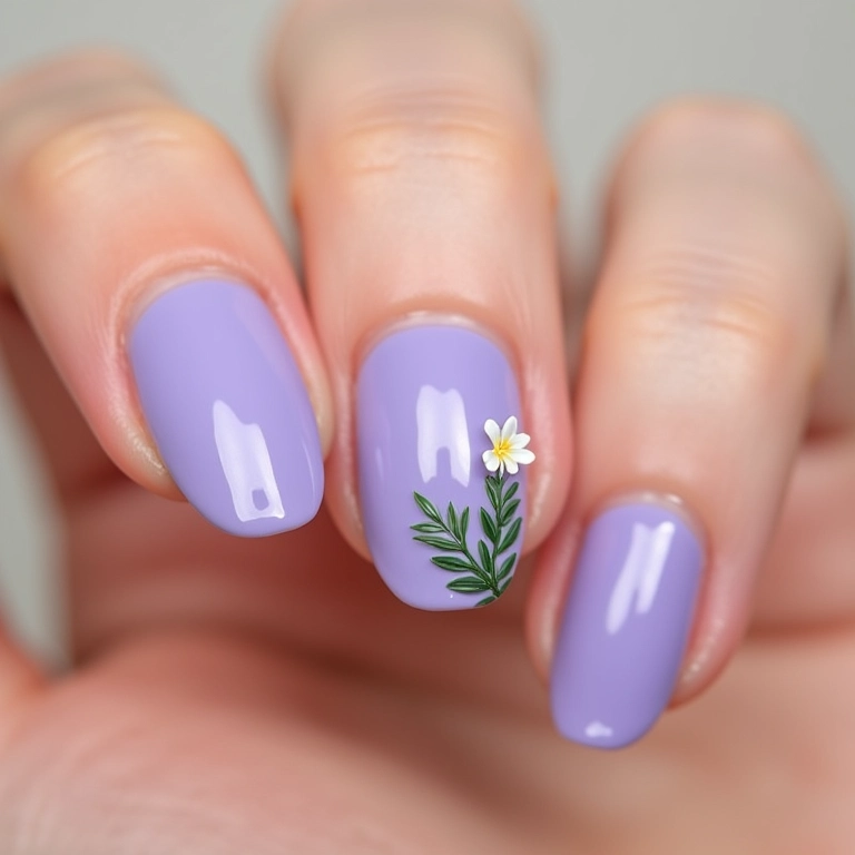 Unhas com adesivos temáticos de flores lilás e verde.