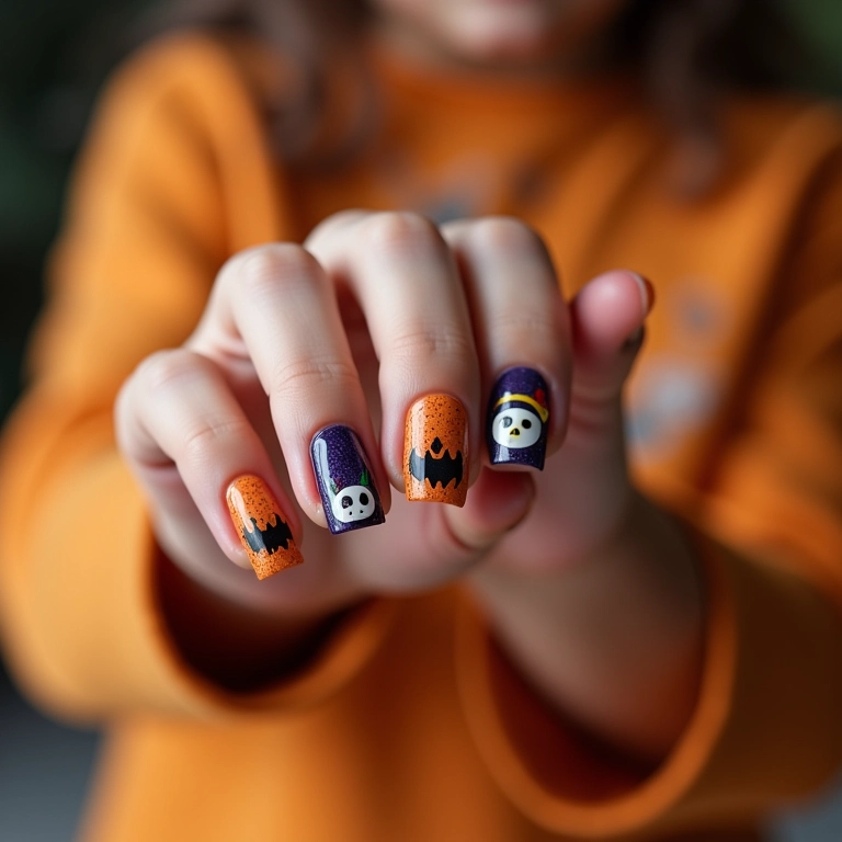 Unhas com adesivos temáticos de Halloween para uma decoração rápida.