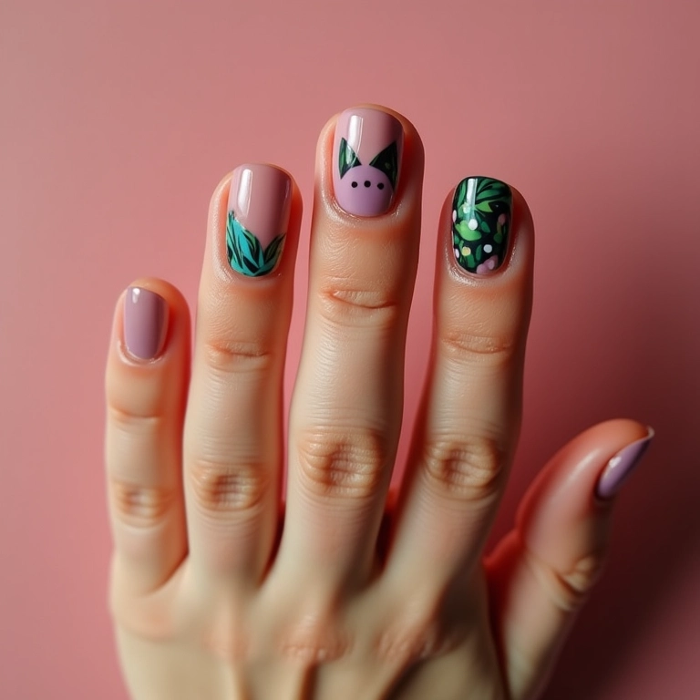 Unhas com adesivos temáticos de jabuticaba.