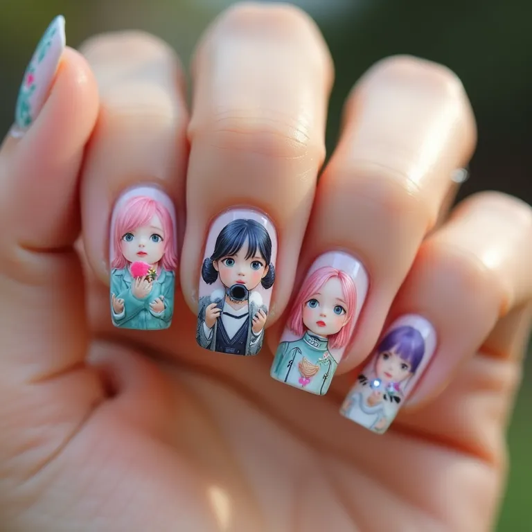 Unhas com adesivos temáticos de Kpop, com designs de álbuns e nomes de grupos, fáceis de aplicar.