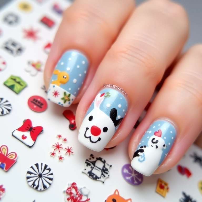 Unhas com adesivos temáticos de personagens e temas festivos.