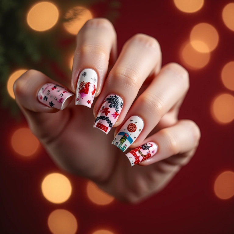 Unhas com adesivos temáticos de Réveillon.