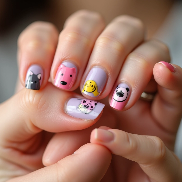 Unhas com adesivos temáticos divertidos e criativos.