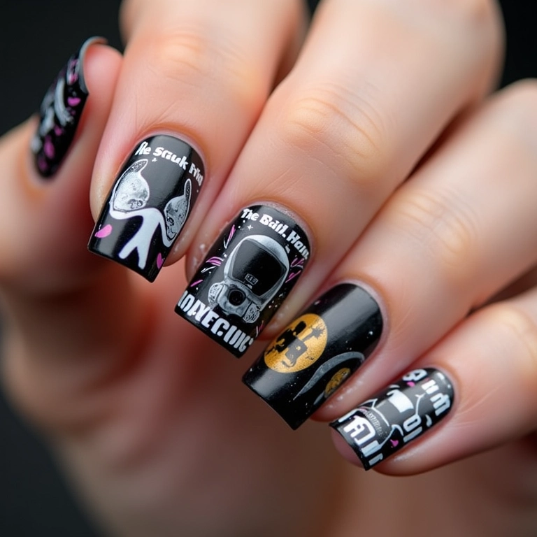 Unhas com adesivos temáticos do The Weeknd.