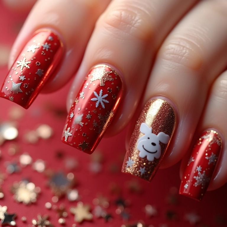 Unhas com adesivos temáticos para celebrar o Ano Novo com estilo.