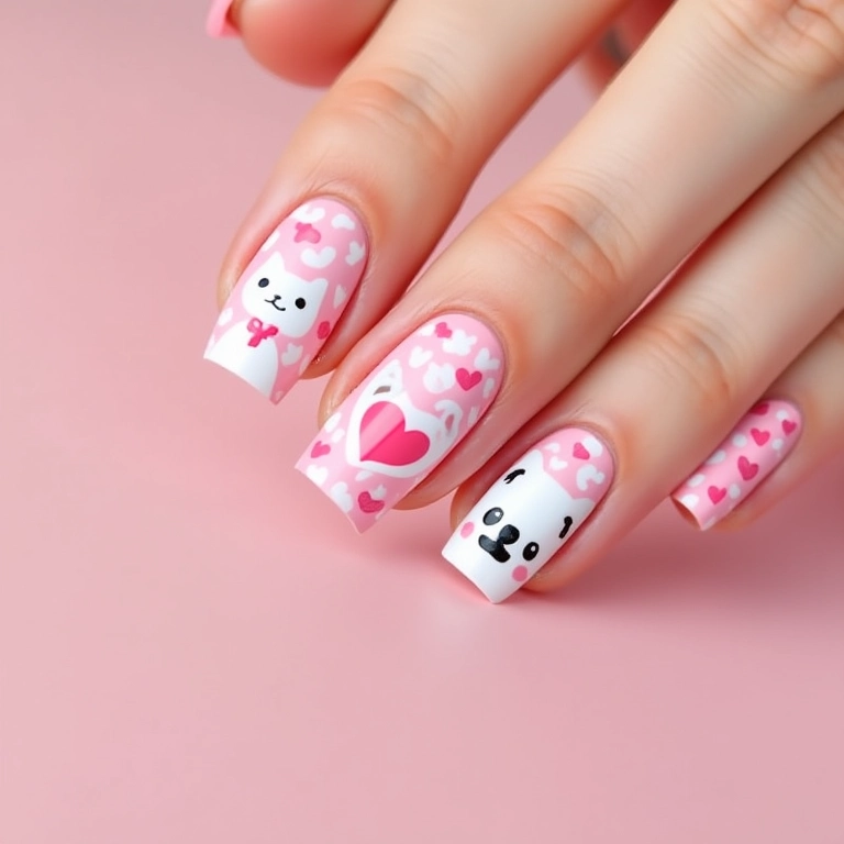 Unhas com adesivos temáticos rosa e branco.