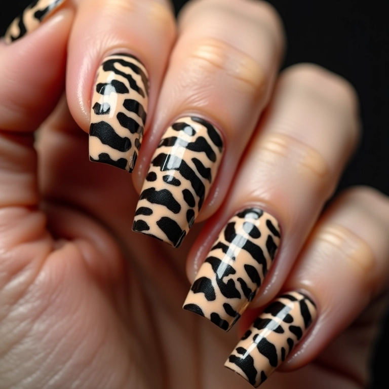 Unhas com animal print preto e nude: ousadia e estilo.