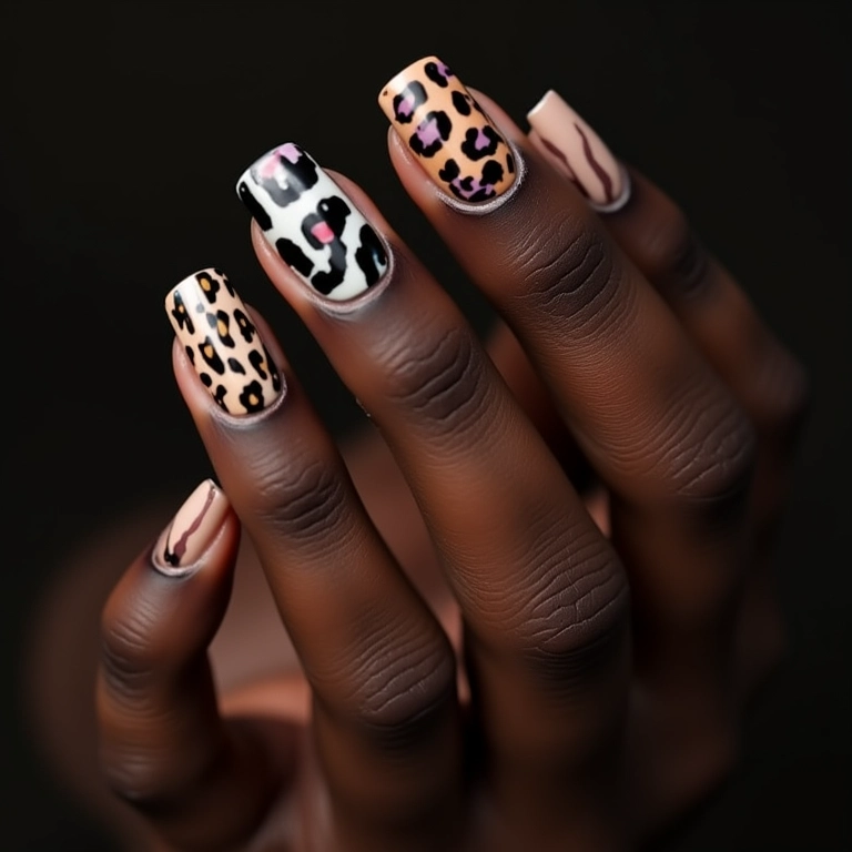 Unhas com animal print repaginado de oncinha, zebra e cobra.