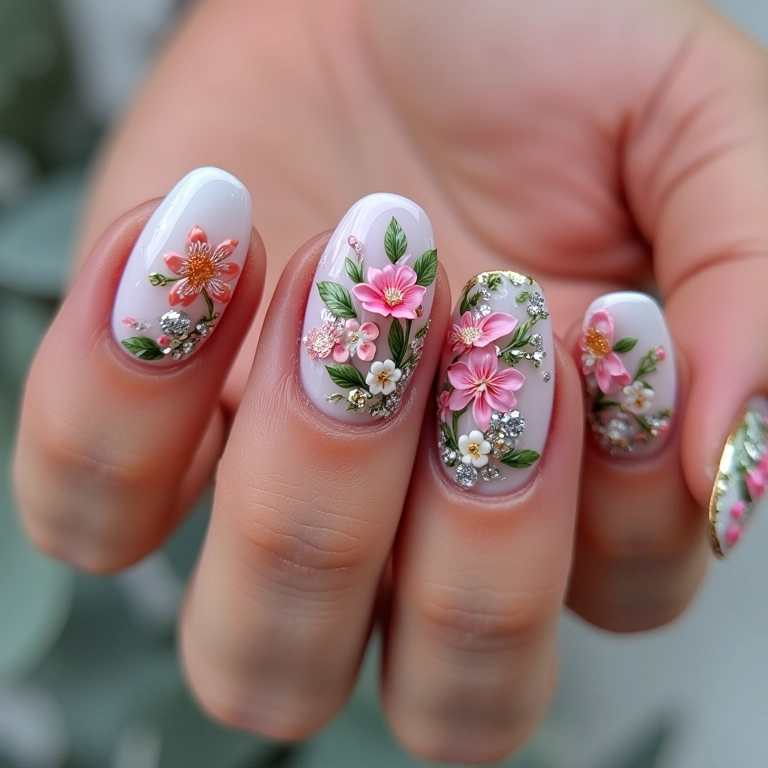Unhas com aplicações 3D de flores e pedrarias.