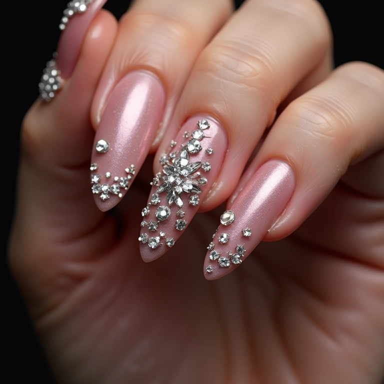 Unhas com aplicações de pedrarias e strass.