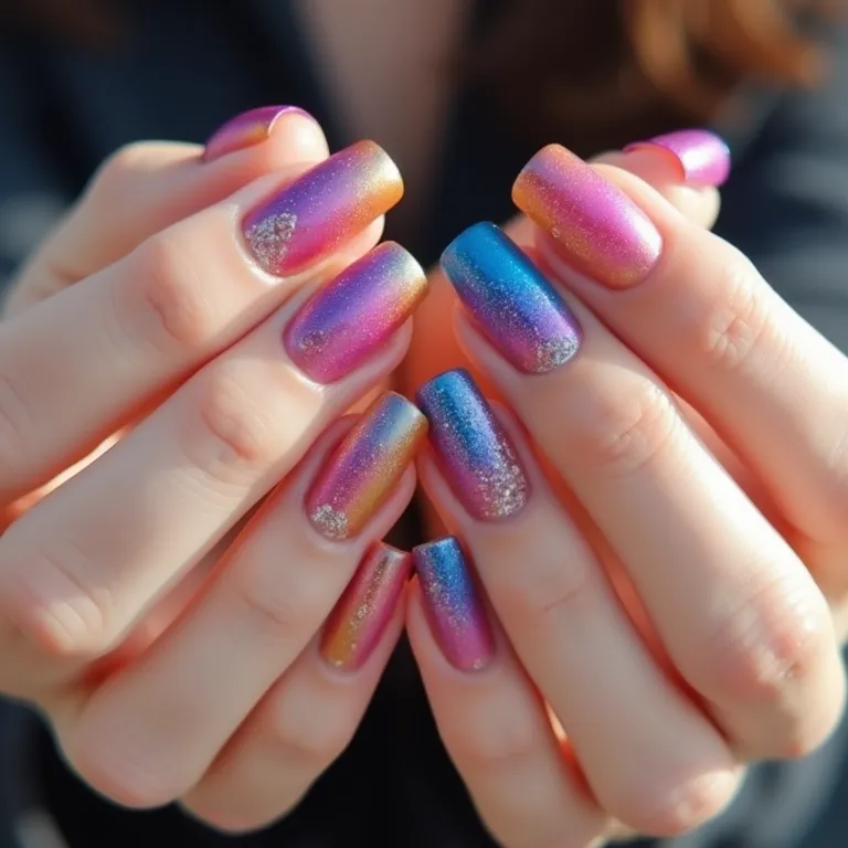 Unhas com as cores vibrantes de um fandom Kpop, com efeito gradiente e detalhes em glitter.
