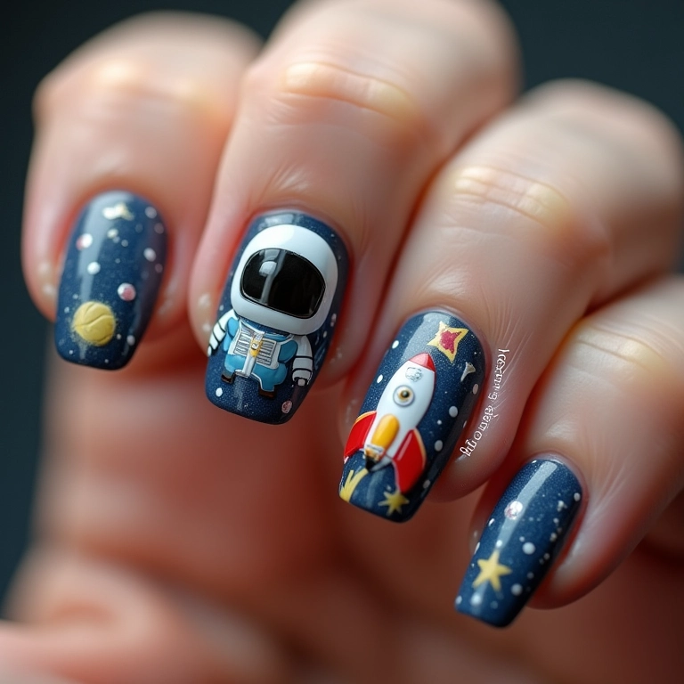 Unhas com astronautas, foguetes e tema espacial.