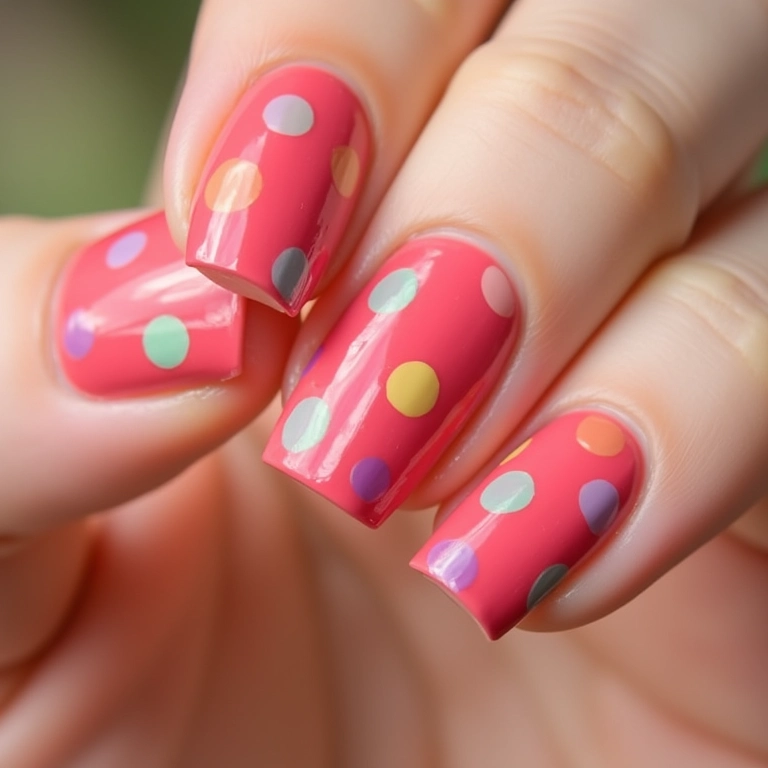 Unhas com bolinhas coloridas para chá revelação.