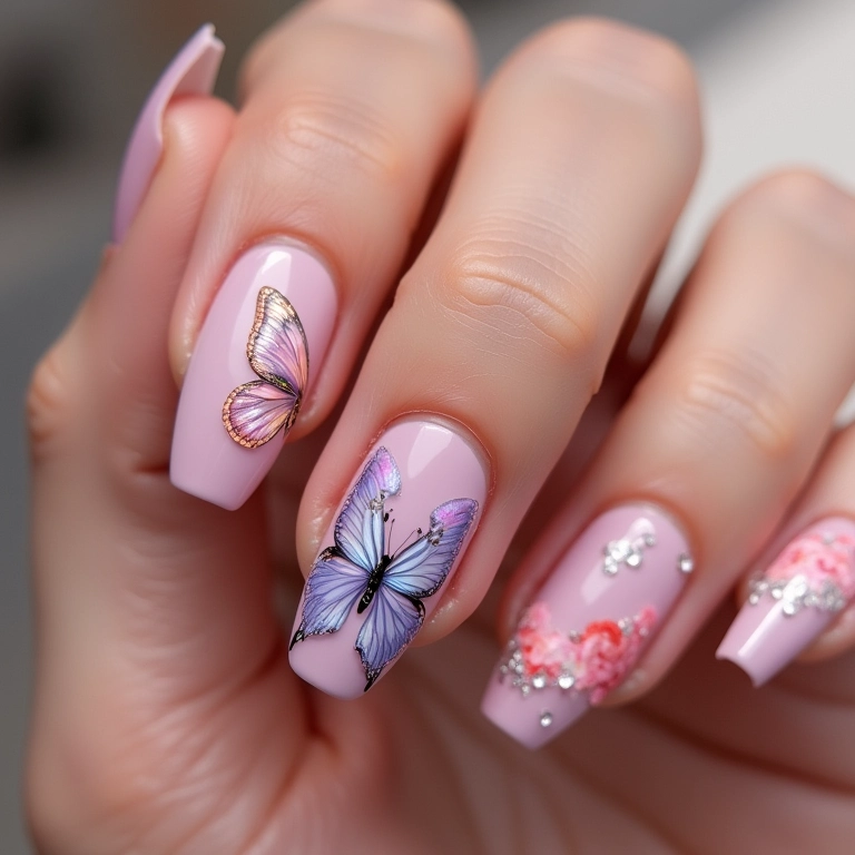 Unhas com borboletas delicadas e elegantes.