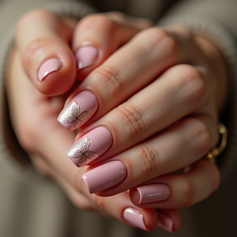 Unhas com borboletas delicadas, leveza e transformação.