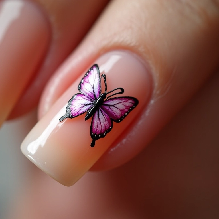 Unhas com borboletas e laço delicado.