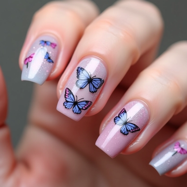 Unhas com borboletas encantadoras, um design delicado e mágico.