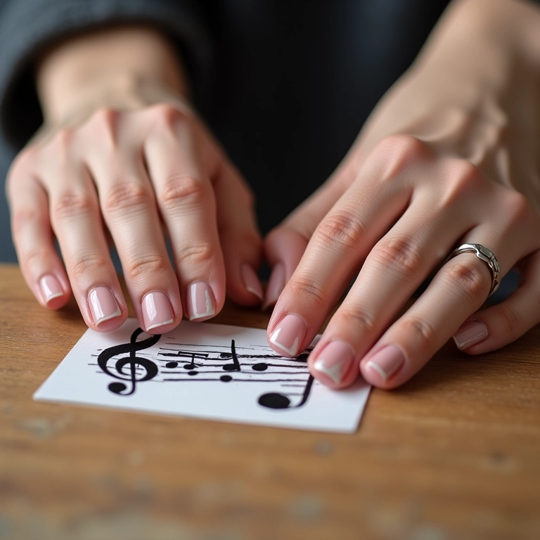 Unhas com carimbo de notas musicais.