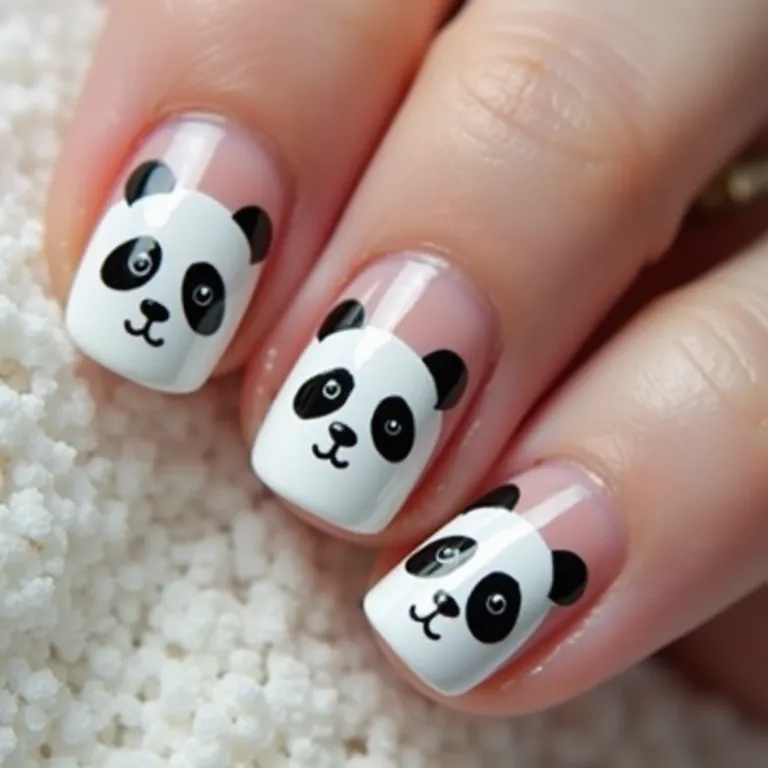 Unhas com carimbo de panda, design preciso e adorável.