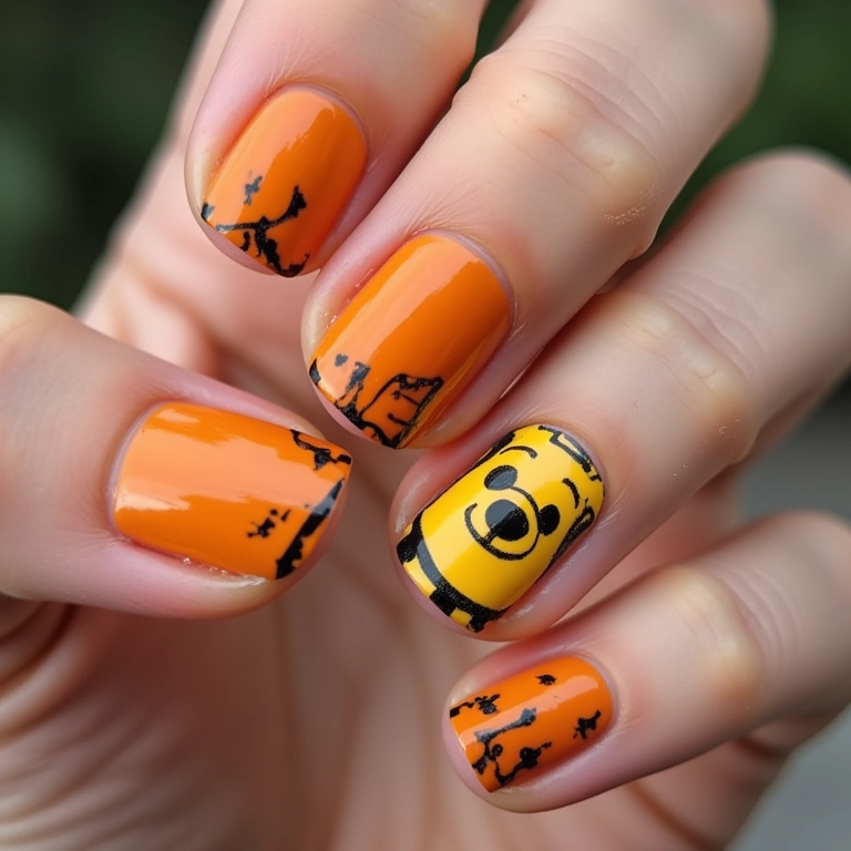 Unhas com carimbo do Ursinho Pooh.