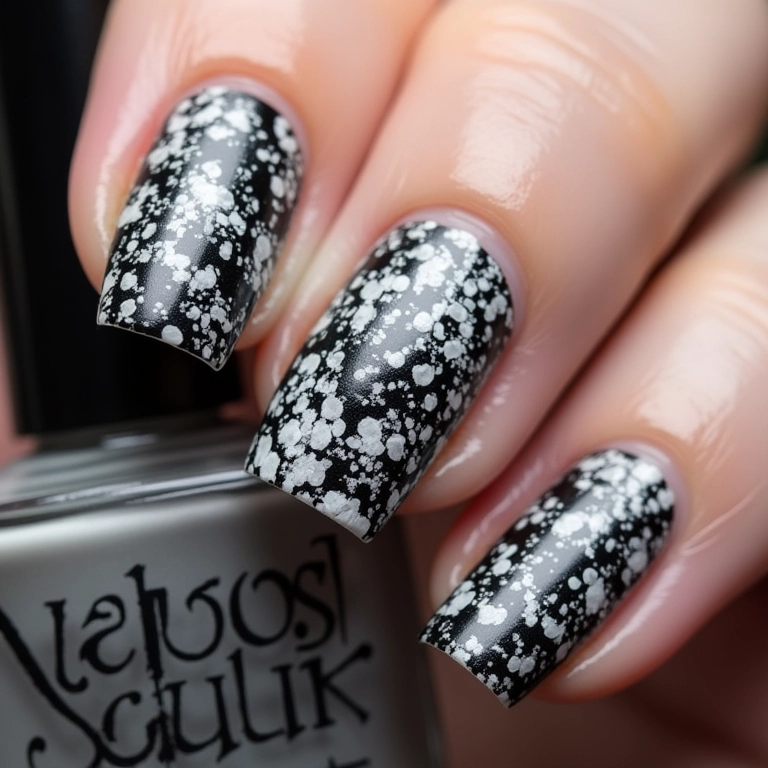 Unhas com carimbo em preto e branco, desenhos detalhados e intrincados.